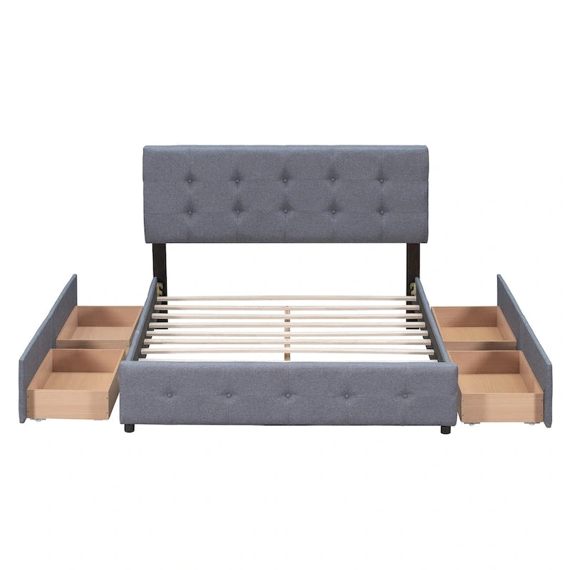 Cama Queen Size con Plataforma Tapizada Capitoné y 4 Cajones — Gris Oscuro / Blanco / Gris Claro / Beige, Para 2