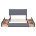 Cama Queen Size con Plataforma Tapizada Capitoné y 4 Cajones — Gris Oscuro / Blanco / Gris Claro / Beige, Para 2