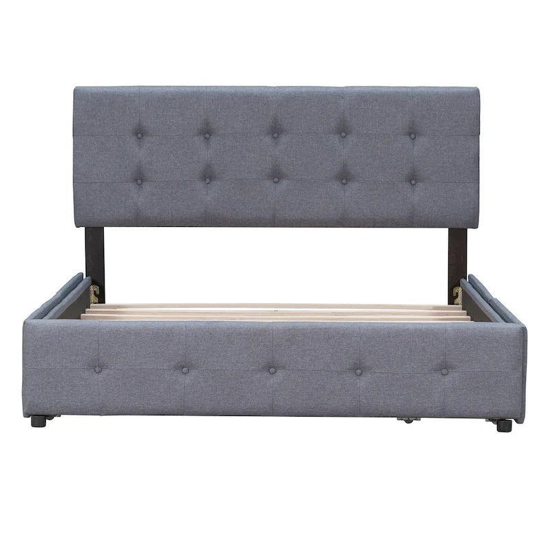 Cama Queen Size con Plataforma Tapizada Capitoné y 4 Cajones — Gris Oscuro / Blanco / Gris Claro / Beige, Para 2