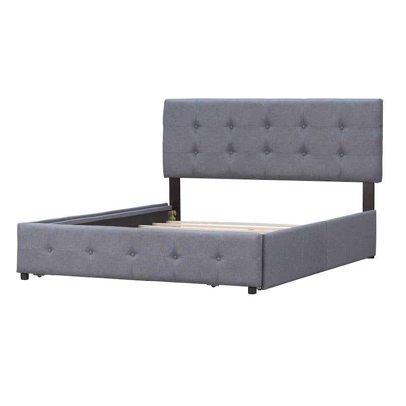 Cama Queen Size con Plataforma Tapizada Capitoné y 4 Cajones — Gris Oscuro / Blanco / Gris Claro / Beige, Para 2