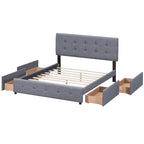 Cama Queen Size con Plataforma Tapizada Capitoné y 4 Cajones — Gris Oscuro / Blanco / Gris Claro / Beige, Para 2
