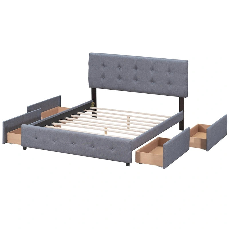 Cama Queen Size con Plataforma Tapizada Capitoné y 4 Cajones — Gris Oscuro / Blanco / Gris Claro / Beige, Para 2