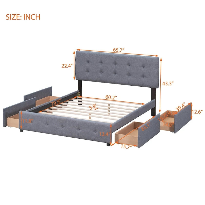 Cama Queen Size con Plataforma Tapizada Capitoné y 4 Cajones — Gris Oscuro / Blanco / Gris Claro / Beige, Para 2
