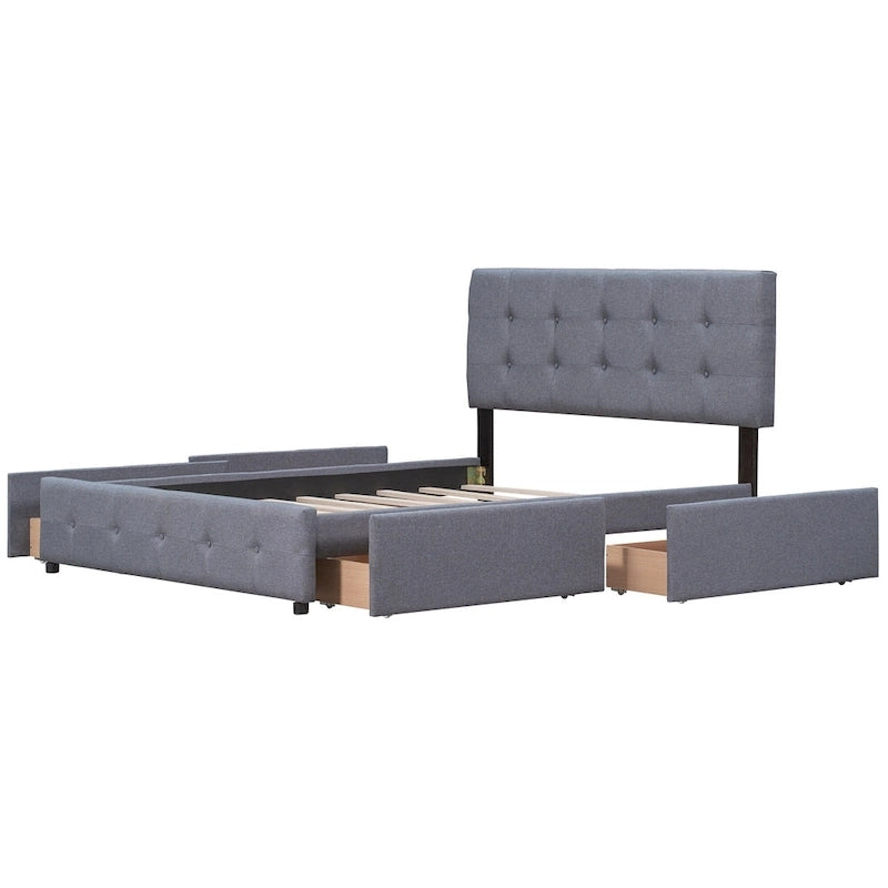 Cama Queen Size con Plataforma Tapizada Capitoné y 4 Cajones — Gris Oscuro / Blanco / Gris Claro / Beige, Para 2