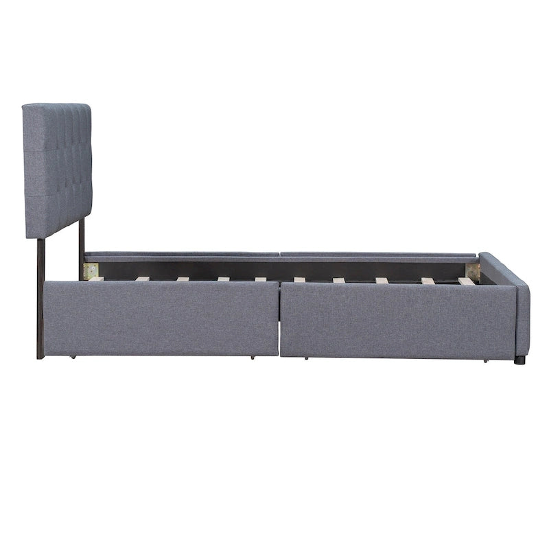 Cama Queen Size con Plataforma Tapizada Capitoné y 4 Cajones — Gris Oscuro / Blanco / Gris Claro / Beige, Para 2