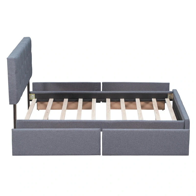 Cama Queen Size con Plataforma Tapizada Capitoné y 4 Cajones — Gris Oscuro / Blanco / Gris Claro / Beige, Para 2