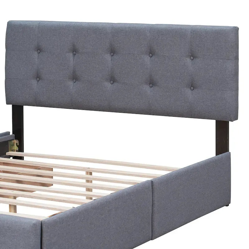 Cama Queen Size con Plataforma Tapizada Capitoné y 4 Cajones — Gris Oscuro / Blanco / Gris Claro / Beige, Para 2