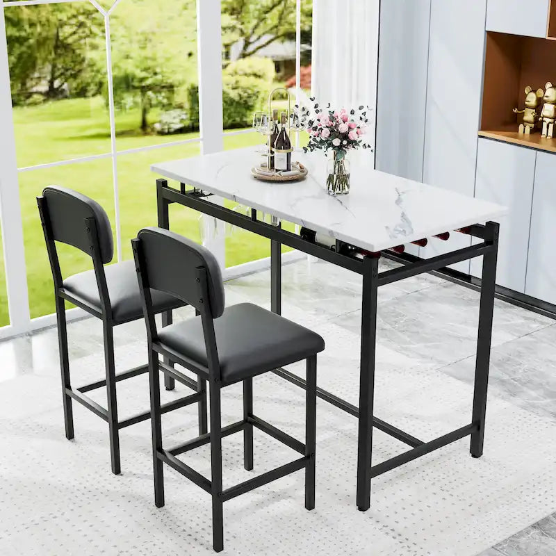 Juego de mesa de bar de 3 piezas gris/negro para 2, mesa rectangular y 2 taburetes tapizados