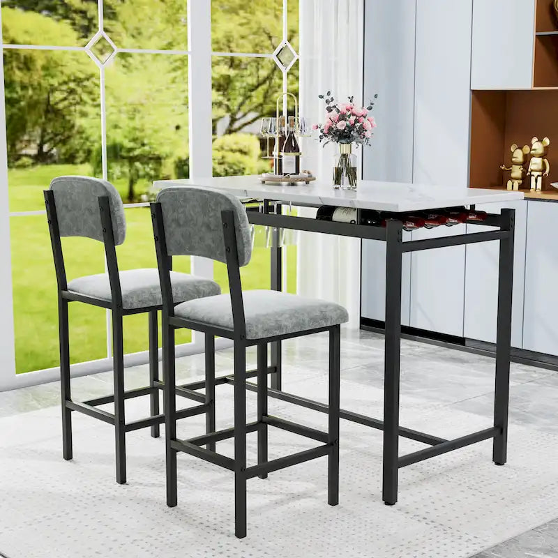 Juego de mesa de bar de 3 piezas gris/negro para 2, mesa rectangular y 2 taburetes tapizados