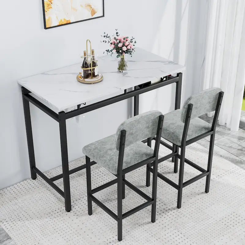 Juego de mesa de bar de 3 piezas gris/negro para 2, mesa rectangular y 2 taburetes tapizados