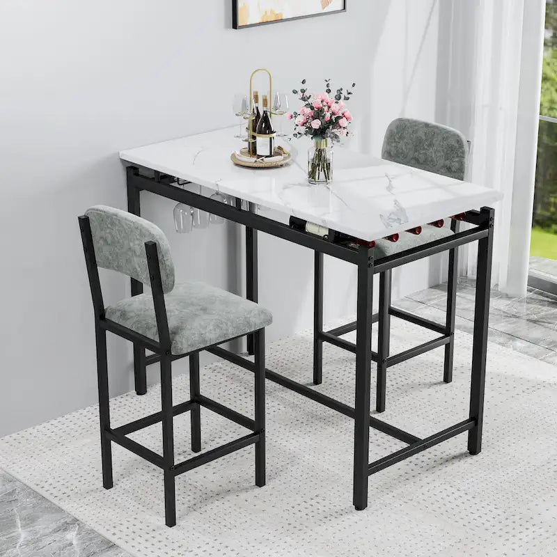 Juego de mesa de bar de 3 piezas gris/negro para 2, mesa rectangular y 2 taburetes tapizados