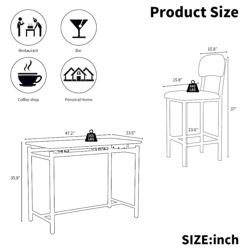 Juego de mesa de bar de 3 piezas gris/negro para 2, mesa rectangular y 2 taburetes tapizados