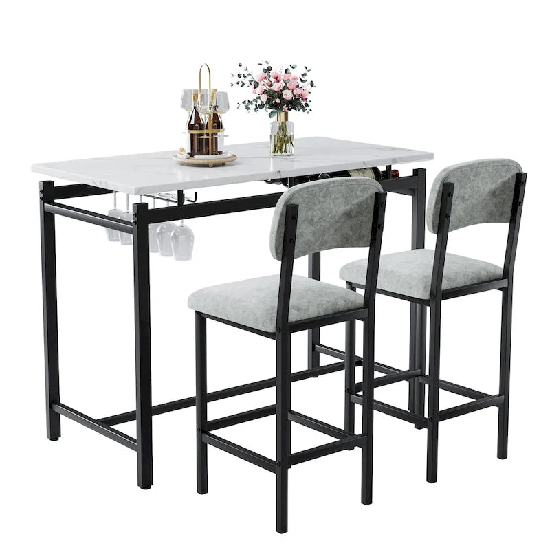 Juego de mesa de bar de 3 piezas gris/negro para 2, mesa rectangular y 2 taburetes tapizados