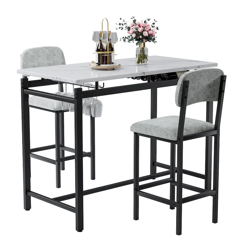 Juego de mesa de bar de 3 piezas gris/negro para 2, mesa rectangular y 2 taburetes tapizados