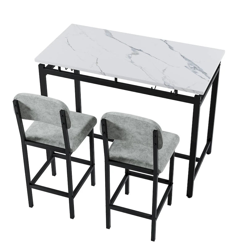 Juego de mesa de bar de 3 piezas gris/negro para 2, mesa rectangular y 2 taburetes tapizados