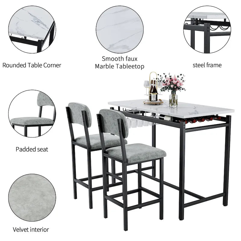 Juego de mesa de bar de 3 piezas gris/negro para 2, mesa rectangular y 2 taburetes tapizados
