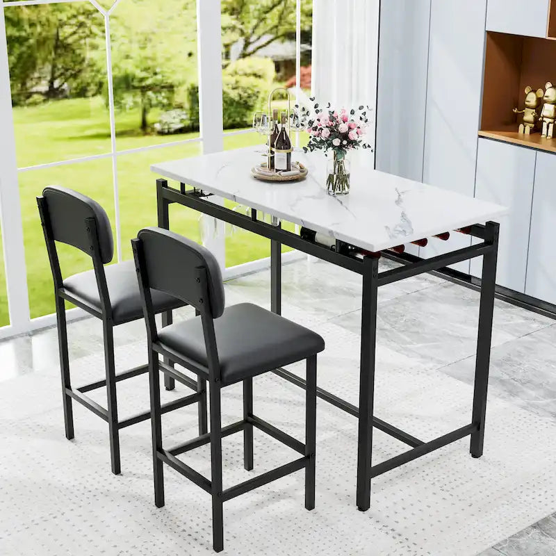 Juego de mesa de bar de 3 piezas gris/negro para 2, mesa rectangular y 2 taburetes tapizados