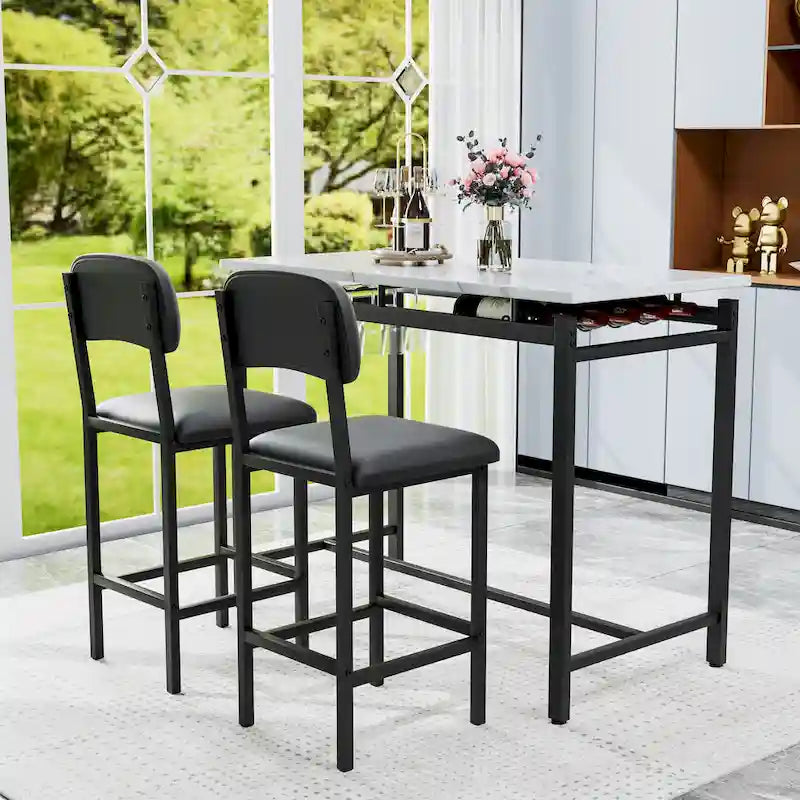 Juego de mesa de bar de 3 piezas gris/negro para 2, mesa rectangular y 2 taburetes tapizados