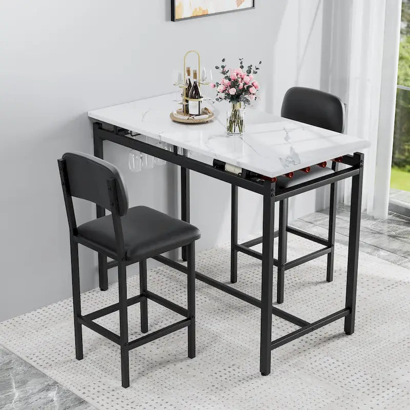 Juego de mesa de bar de 3 piezas gris/negro para 2, mesa rectangular y 2 taburetes tapizados