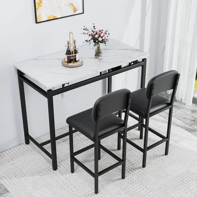 Juego de mesa de bar de 3 piezas gris/negro para 2, mesa rectangular y 2 taburetes tapizados