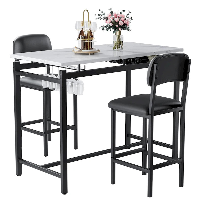 Juego de mesa de bar de 3 piezas gris/negro para 2, mesa rectangular y 2 taburetes tapizados