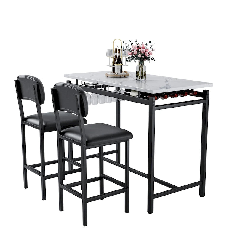 Juego de mesa de bar de 3 piezas gris/negro para 2, mesa rectangular y 2 taburetes tapizados