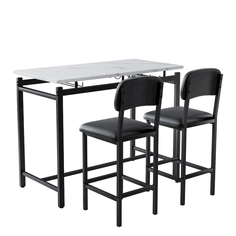 Juego de mesa de bar de 3 piezas gris/negro para 2, mesa rectangular y 2 taburetes tapizados