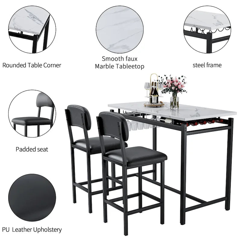 Juego de mesa de bar de 3 piezas gris/negro para 2, mesa rectangular y 2 taburetes tapizados