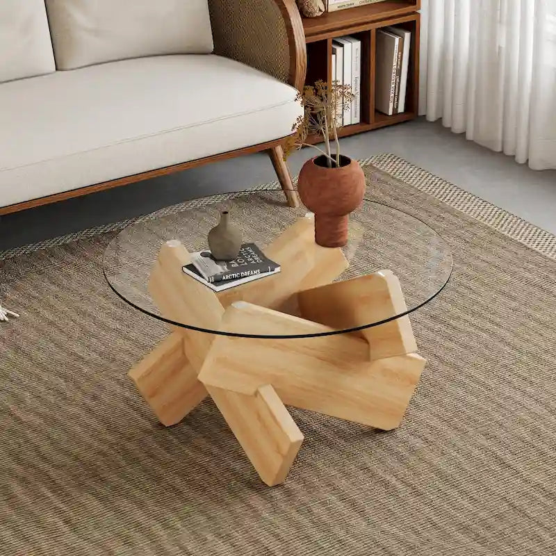 Mesa de centro redonda de 84,8 cm — Gris / Transparente / Blanco, Vidrio templado y MDF, Capacidad para 1