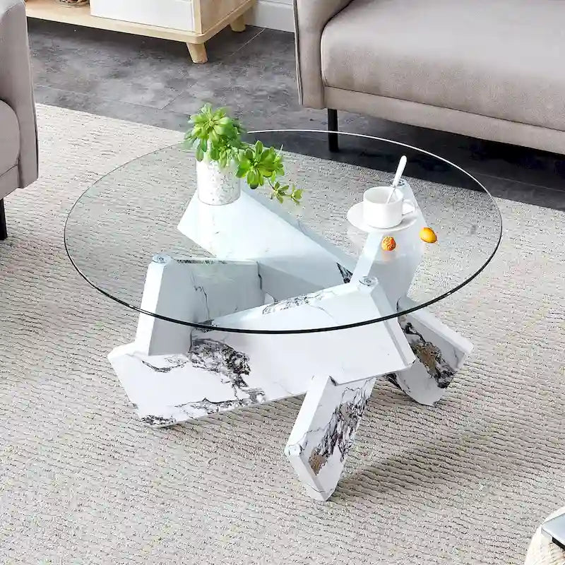 Mesa de centro redonda de 84,8 cm — Gris / Transparente / Blanco, Vidrio templado y MDF, Capacidad para 1