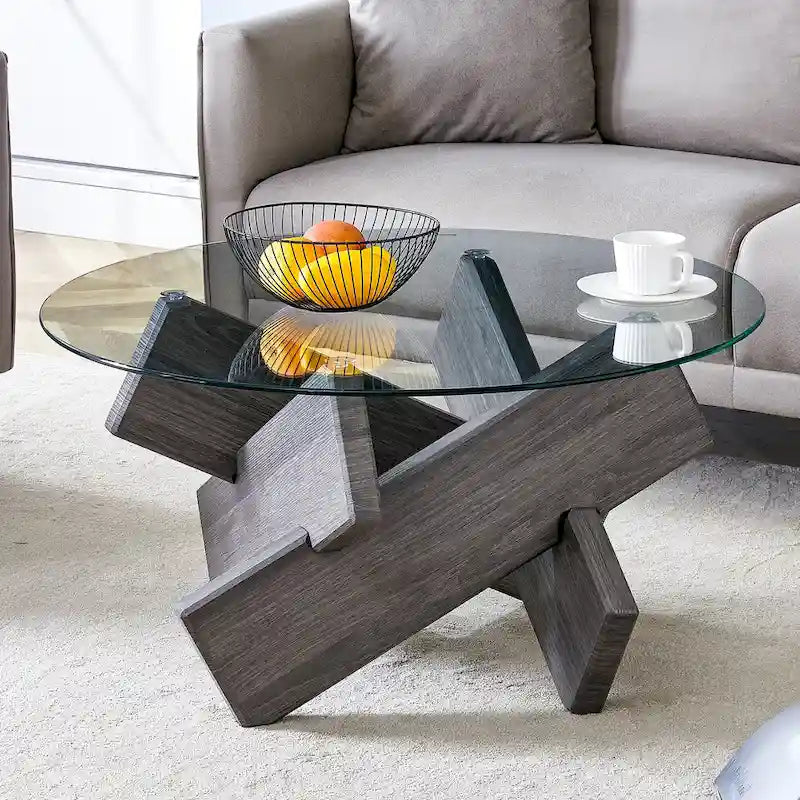 Mesa de centro redonda de 84,8 cm — Gris / Transparente / Blanco, Vidrio templado y MDF, Capacidad para 1