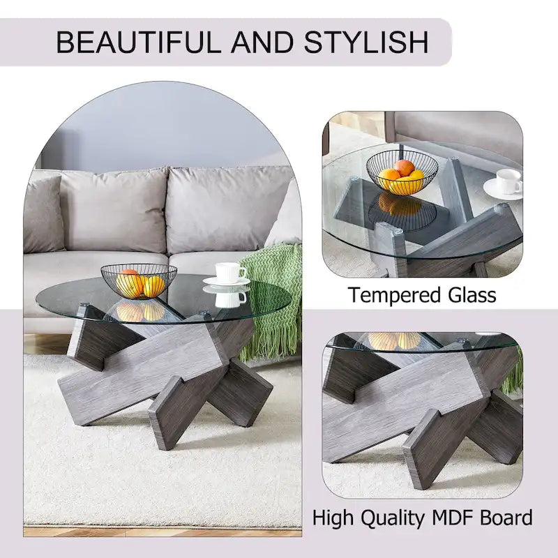 Mesa de centro redonda de 84,8 cm — Gris / Transparente / Blanco, Vidrio templado y MDF, Capacidad para 1
