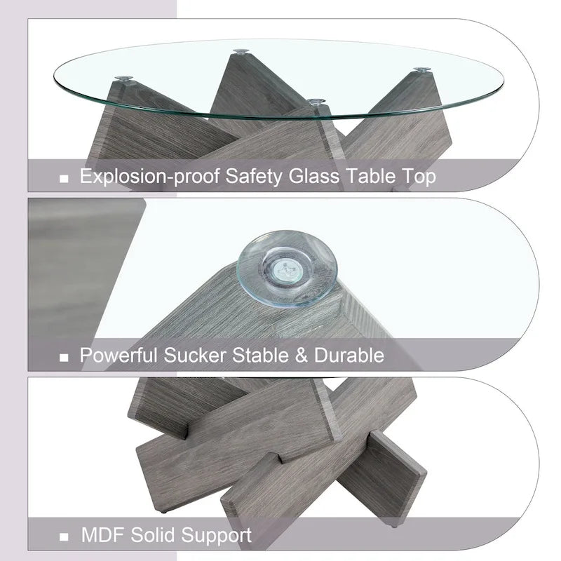 Mesa de centro redonda de 84,8 cm — Gris / Transparente / Blanco, Vidrio templado y MDF, Capacidad para 1