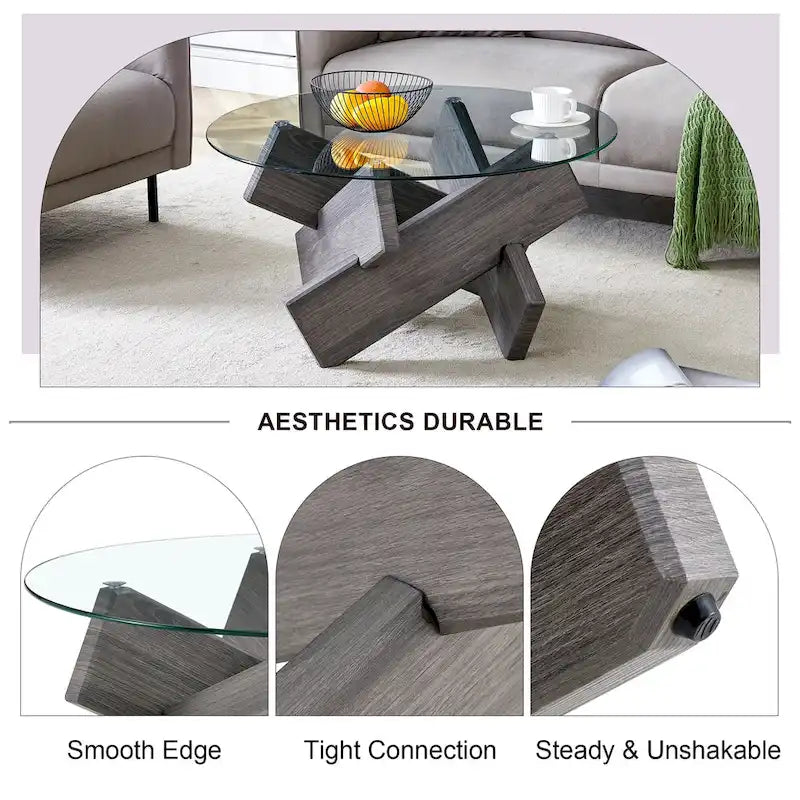Mesa de centro redonda de 84,8 cm — Gris / Transparente / Blanco, Vidrio templado y MDF, Capacidad para 1