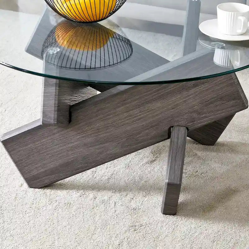 Mesa de centro redonda de 84,8 cm — Gris / Transparente / Blanco, Vidrio templado y MDF, Capacidad para 1