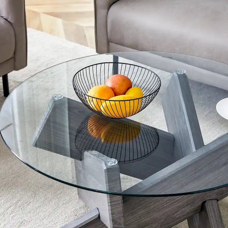 Mesa de centro redonda de 84,8 cm — Gris / Transparente / Blanco, Vidrio templado y MDF, Capacidad para 1