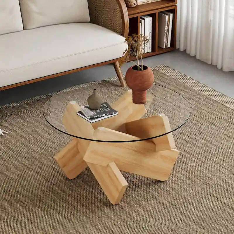 Mesa de centro redonda de 84,8 cm — Gris / Transparente / Blanco, Vidrio templado y MDF, Capacidad para 1