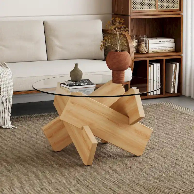 Mesa de centro redonda de 84,8 cm — Gris / Transparente / Blanco, Vidrio templado y MDF, Capacidad para 1