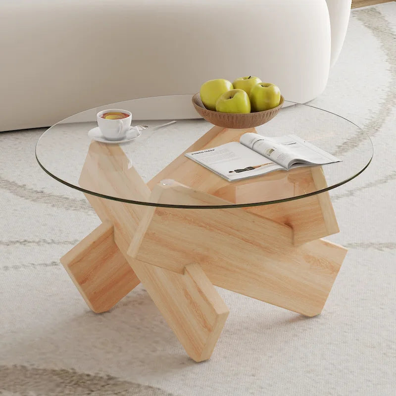 Mesa de centro redonda de 84,8 cm — Gris / Transparente / Blanco, Vidrio templado y MDF, Capacidad para 1