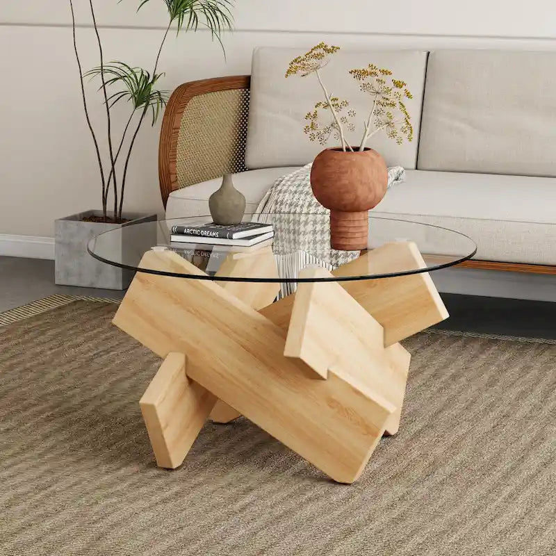 Mesa de centro redonda de 84,8 cm — Gris / Transparente / Blanco, Vidrio templado y MDF, Capacidad para 1