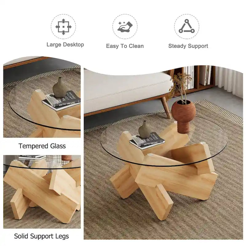Mesa de centro redonda de 84,8 cm — Gris / Transparente / Blanco, Vidrio templado y MDF, Capacidad para 1