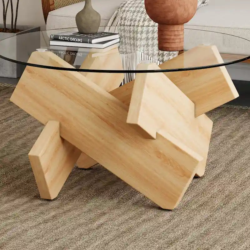 Mesa de centro redonda de 84,8 cm — Gris / Transparente / Blanco, Vidrio templado y MDF, Capacidad para 1