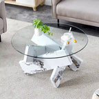 Mesa de centro redonda de 84,8 cm — Gris / Transparente / Blanco, Vidrio templado y MDF, Capacidad para 1