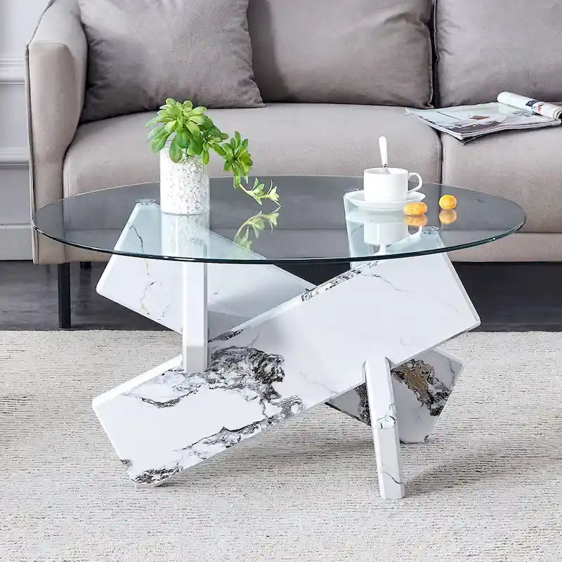 Mesa de centro redonda de 84,8 cm — Gris / Transparente / Blanco, Vidrio templado y MDF, Capacidad para 1