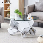 Mesa de centro redonda de 84,8 cm — Gris / Transparente / Blanco, Vidrio templado y MDF, Capacidad para 1