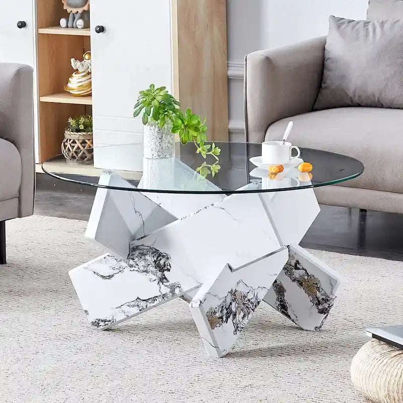 Mesa de centro redonda de 84,8 cm — Gris / Transparente / Blanco, Vidrio templado y MDF, Capacidad para 1