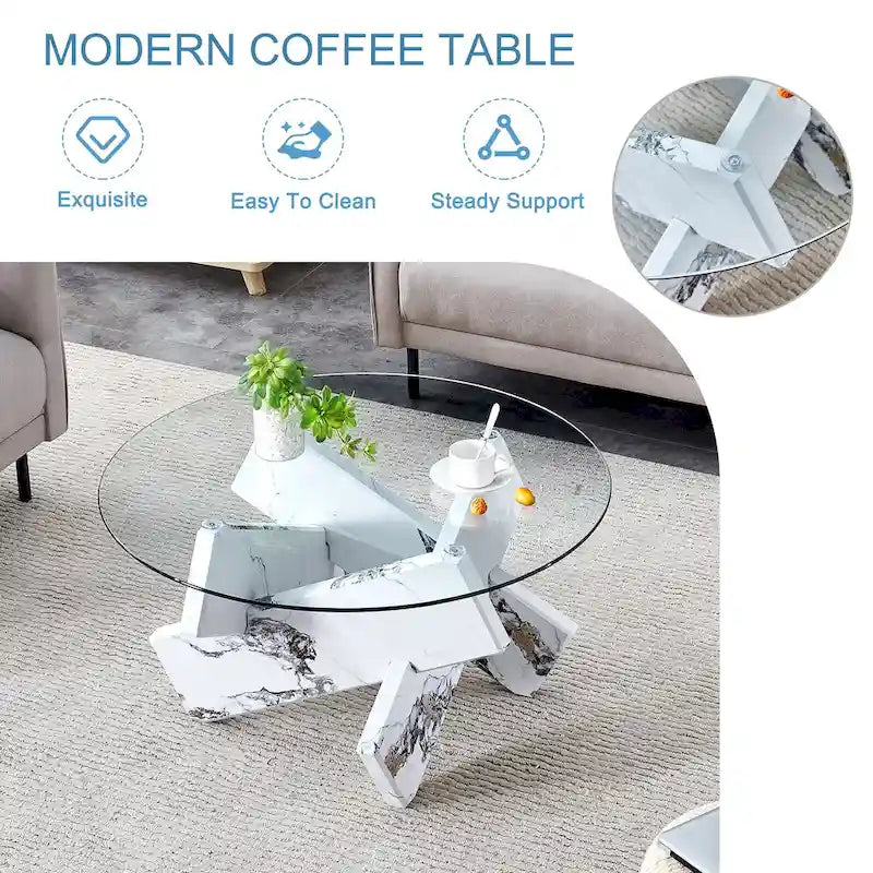 Mesa de centro redonda de 84,8 cm — Gris / Transparente / Blanco, Vidrio templado y MDF, Capacidad para 1