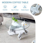 Mesa de centro redonda de 84,8 cm — Gris / Transparente / Blanco, Vidrio templado y MDF, Capacidad para 1