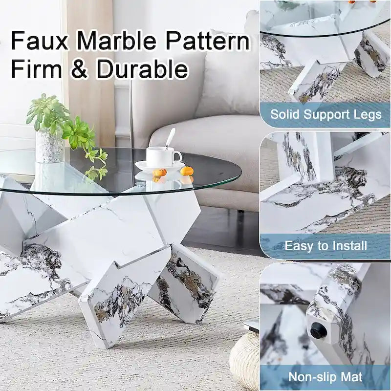 Mesa de centro redonda de 84,8 cm — Gris / Transparente / Blanco, Vidrio templado y MDF, Capacidad para 1