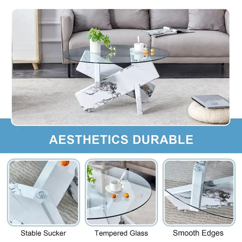 Mesa de centro redonda de 84,8 cm — Gris / Transparente / Blanco, Vidrio templado y MDF, Capacidad para 1